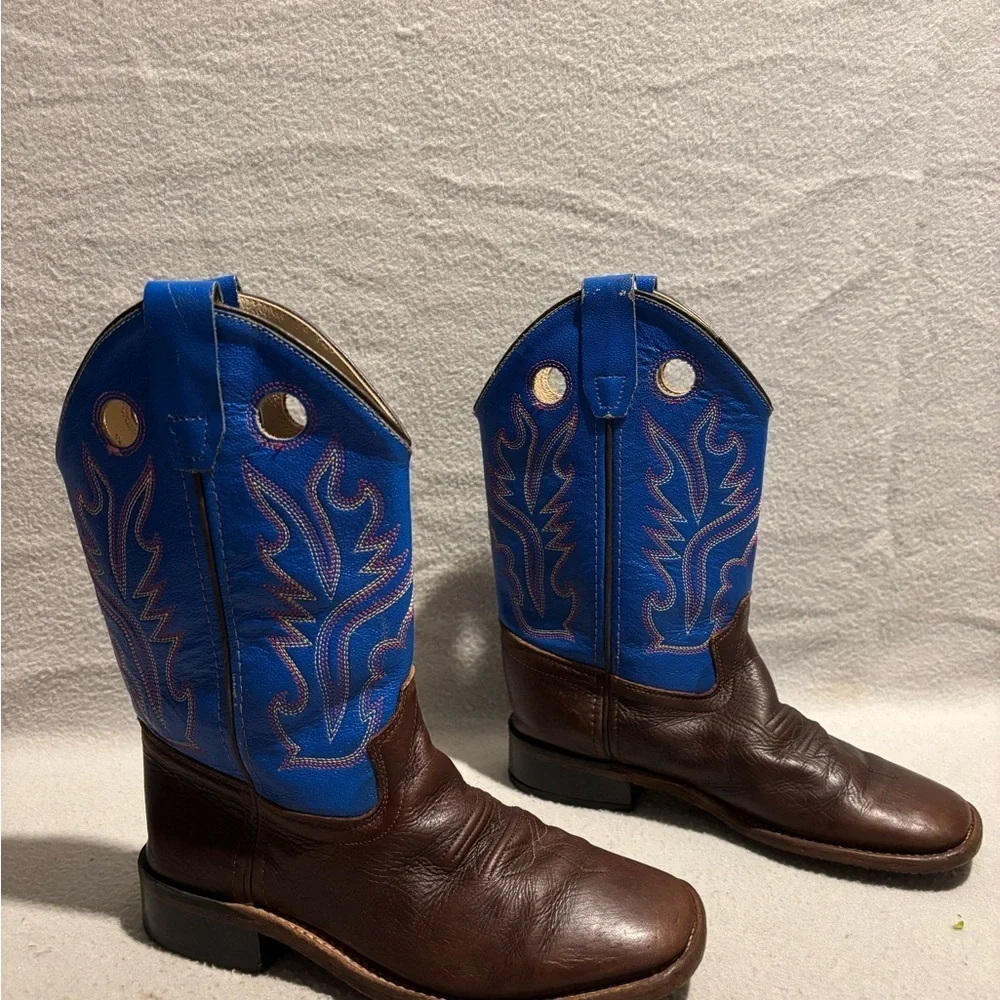Old West Brown Blue Leather Square Toe Cowboy Boots Youth SZ 020 Style BSC1840